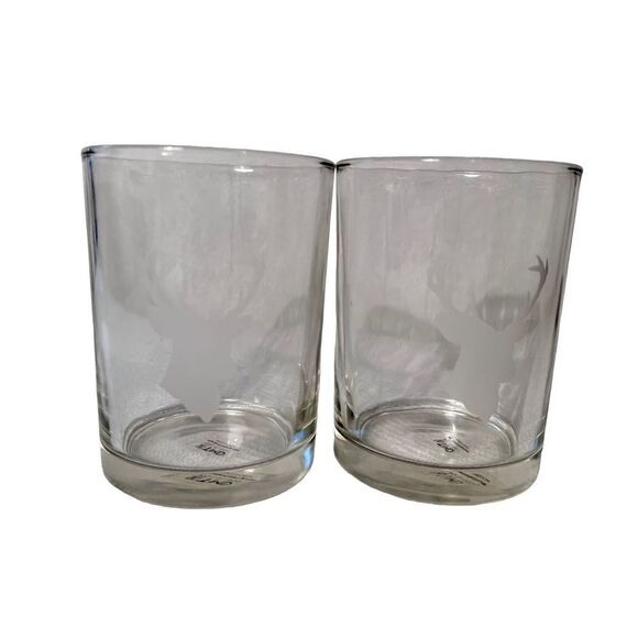 Set of 2 TMD Holdings Deer/Elk Trophy Head Etched Rocks Whiskey Glass Barware - Picture 1 of 10
